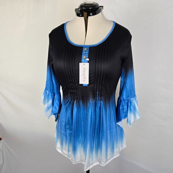 Jiang Wu Blouse Women's XS Black Blue White Fit & Flare 3/4 Sleeves Ruffles NWT - Picture 16 of 16